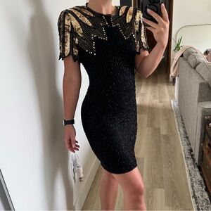 Vintage Stenay Black Dress with Gold Sequin Accents
